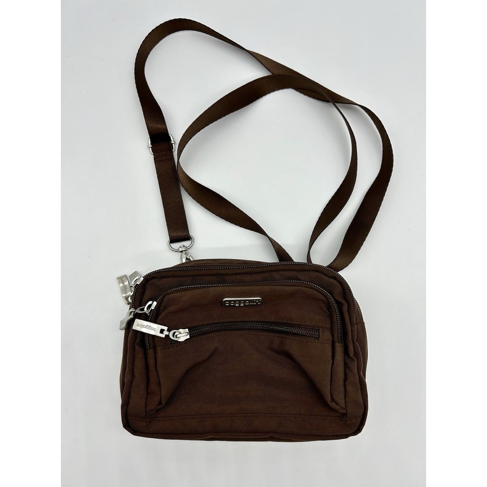 Baggallini Triple Zip Crossbody Bag Brown Nylon Convertible Travel Purse Wallet